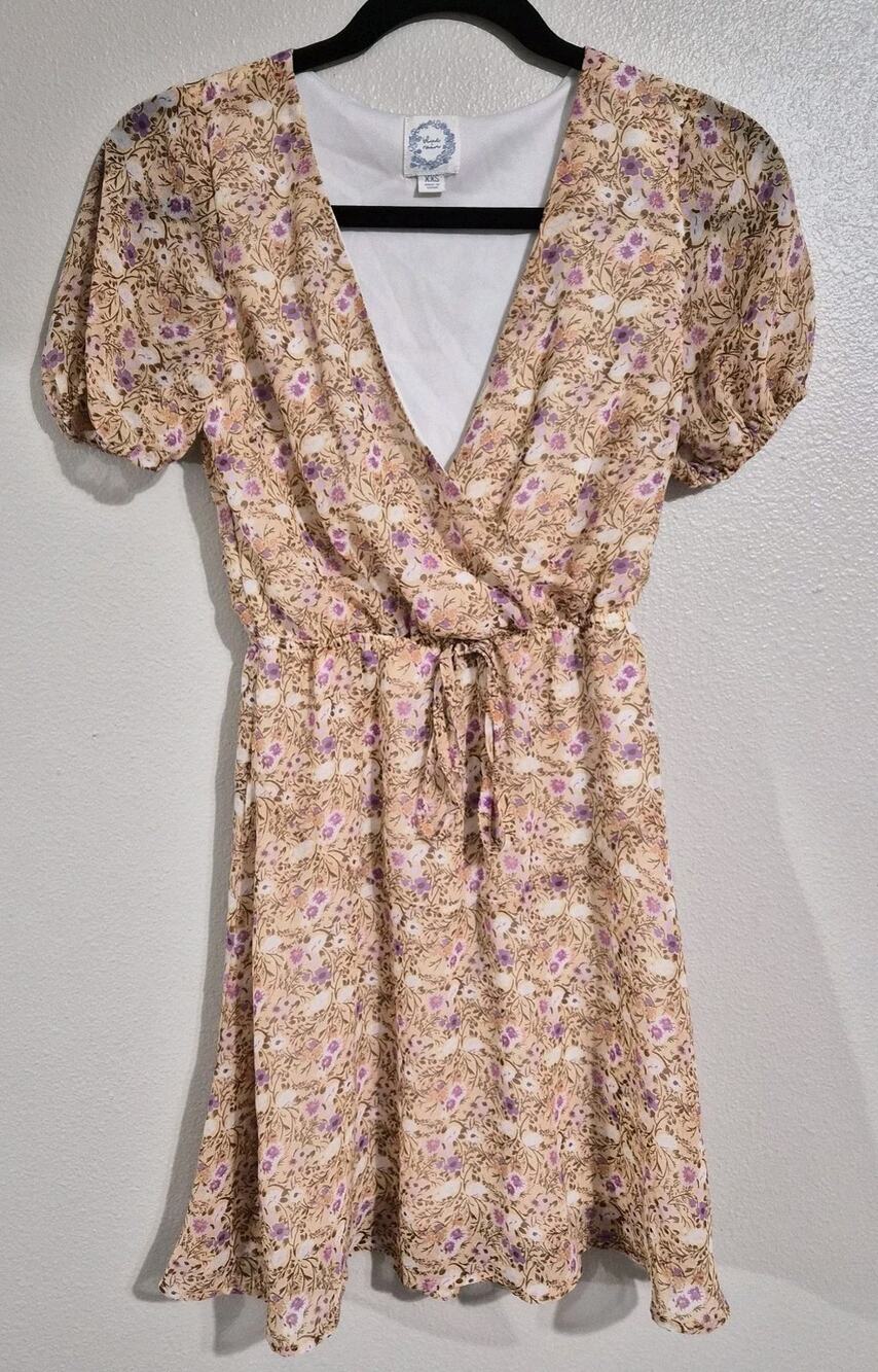 Blue Rain Floral Pattern Dress Size XXS Fall Dress Fairy Short Sleeve Flowy